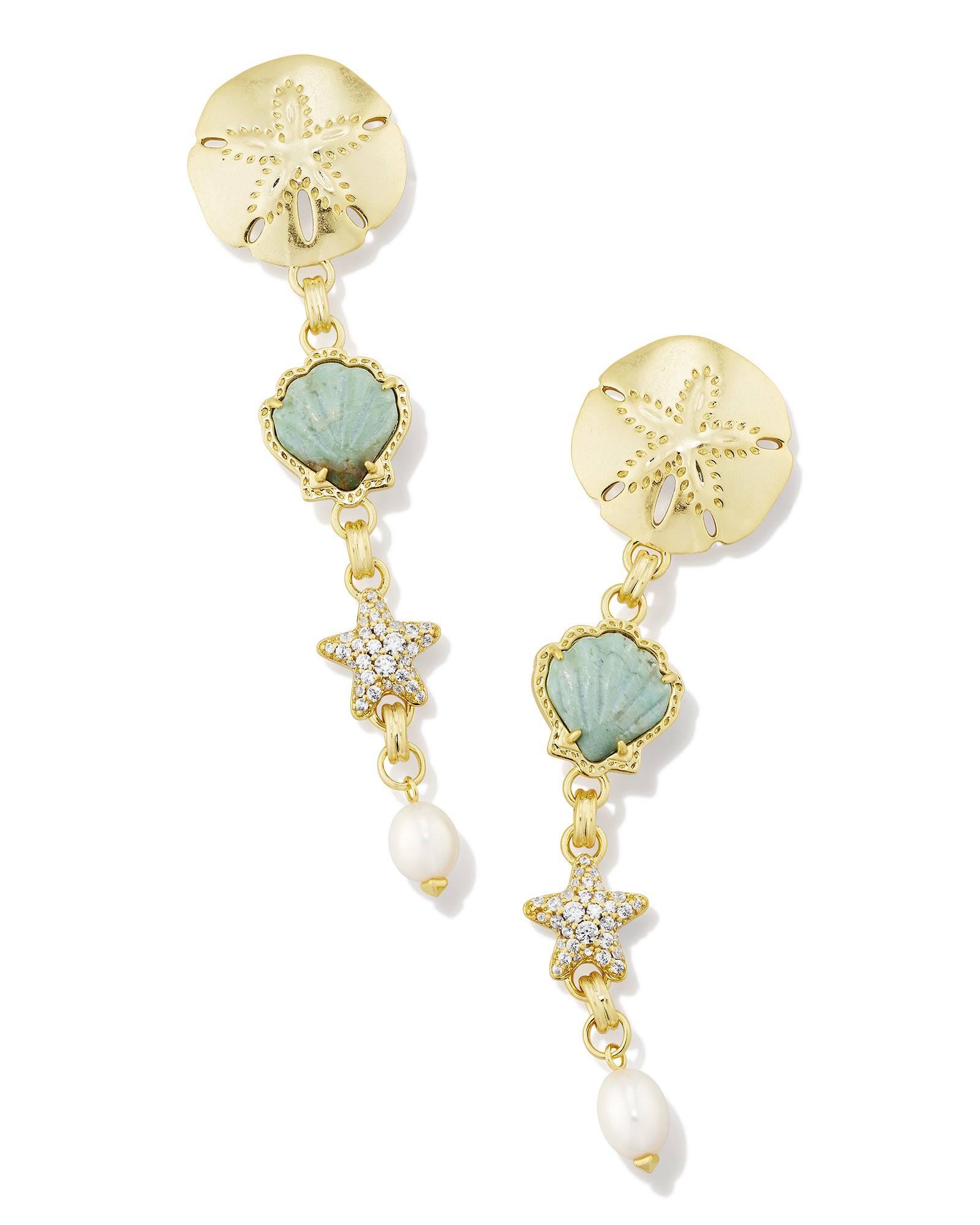 Brynne Gold Shell Linear Earrings in Sea Green